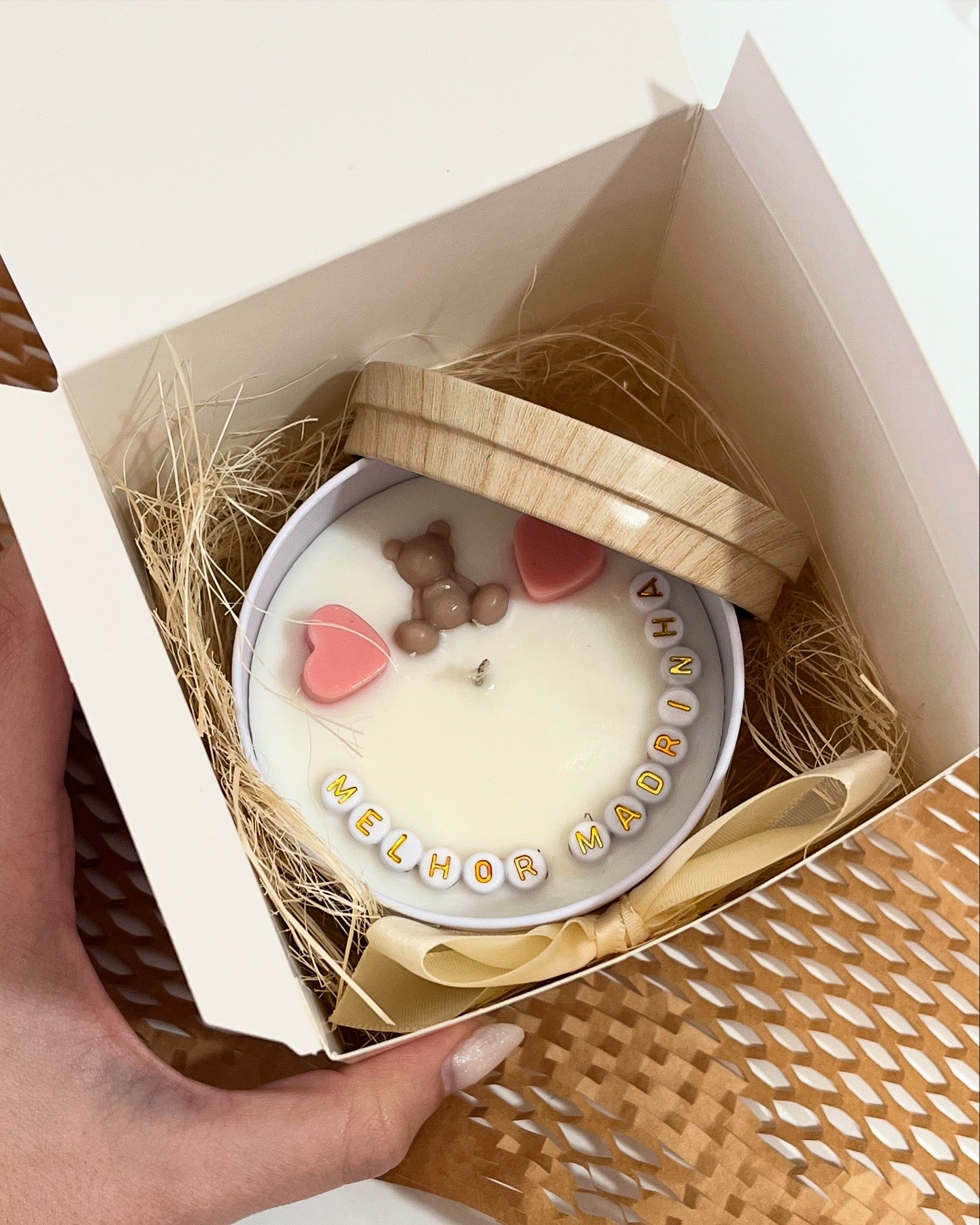 Vela Grande 240ml Revelação Gravidez - Mini Urso Lata Branca