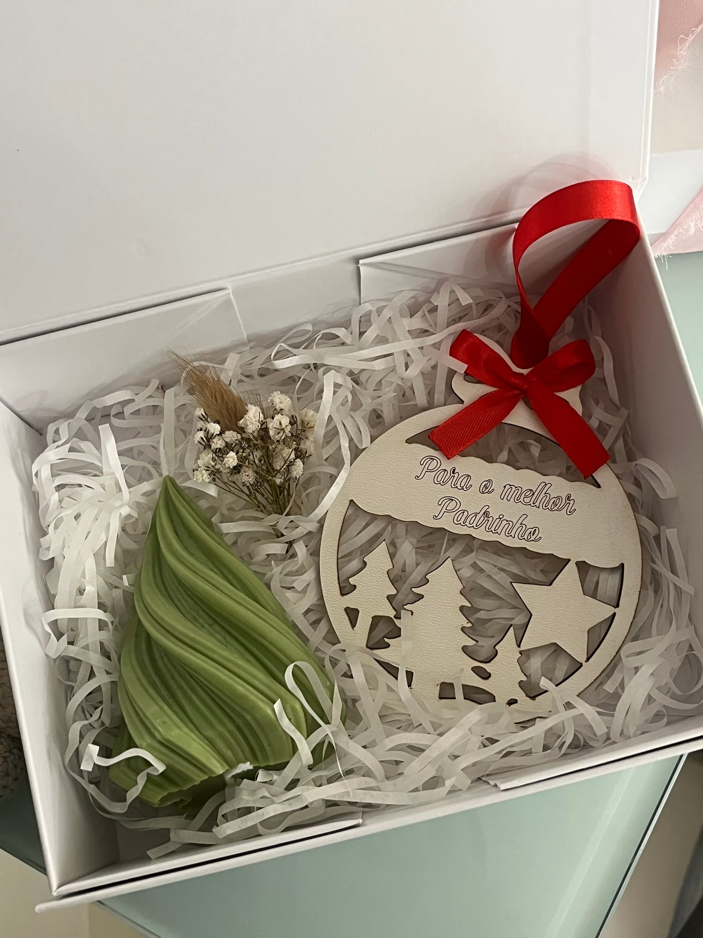 Box Presente Natal Pendente Decorativo + Vela Pinheiro Twist